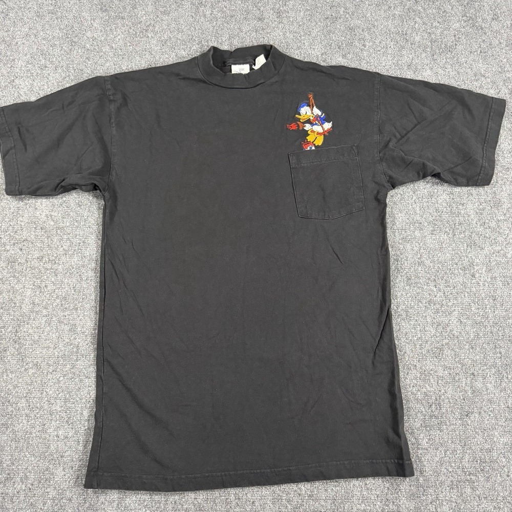 Vintage Disney Donald Duck T Shirt Large Black Embroidered Pocket Fade 90s